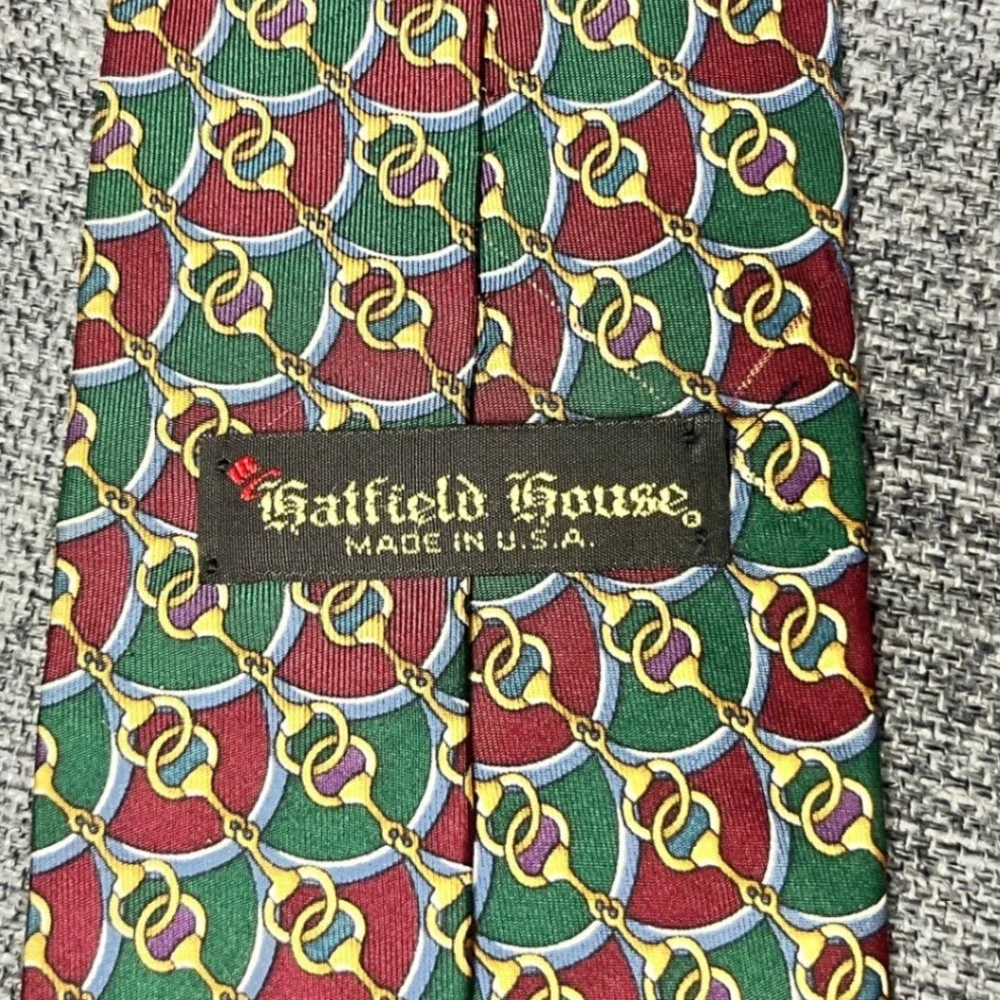 Hatfield House Mens Silk Tie Green Burgundy Horsebit Geometric Italian Fabric